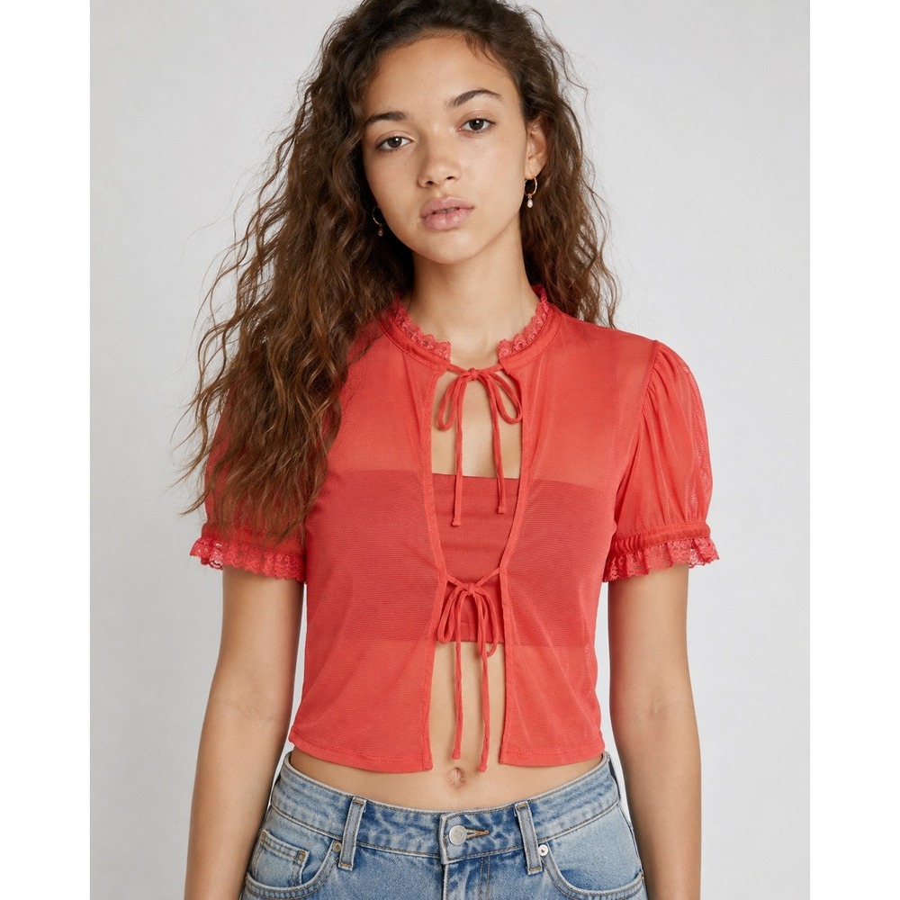 Urban Outfitters Britney Sheer Lace Tie Front Top Red NWT Size XS